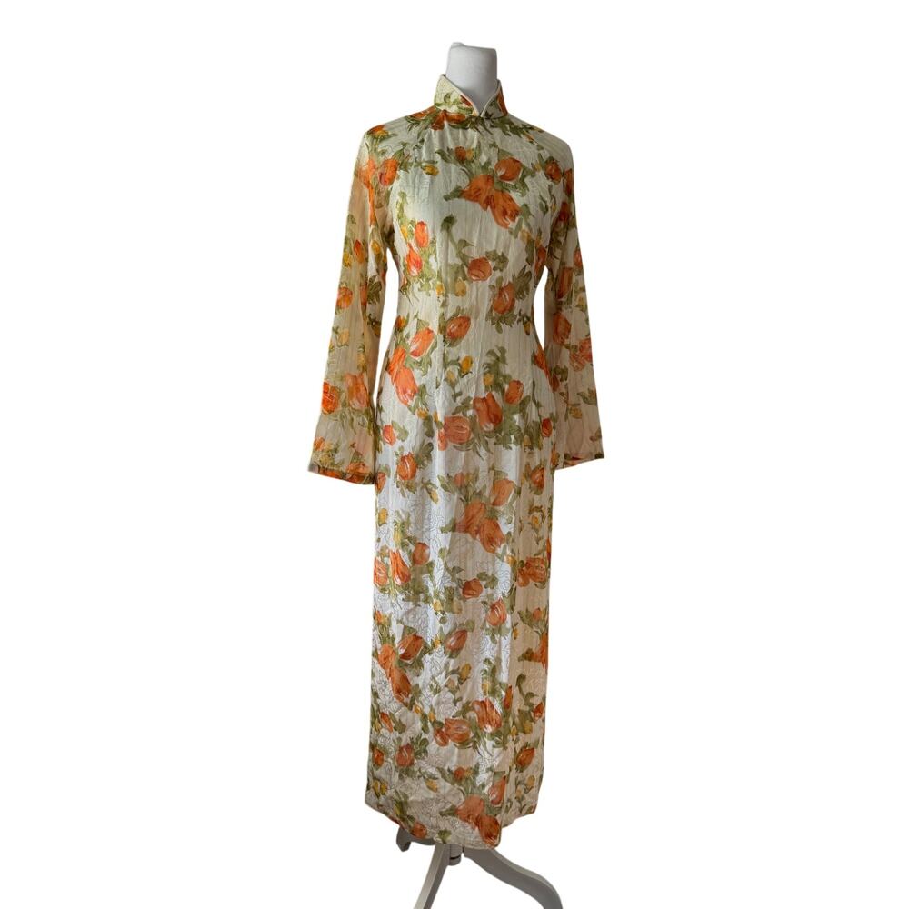 Retro Orange Floral Print Qipao Mandarin Collar Long Sleeve Tunic w/ Side Slits